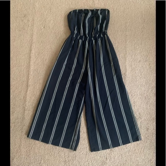 Libby Edelman Blue Wide leg cropped Striped Jumpsuit Small - Picture 1 of 8